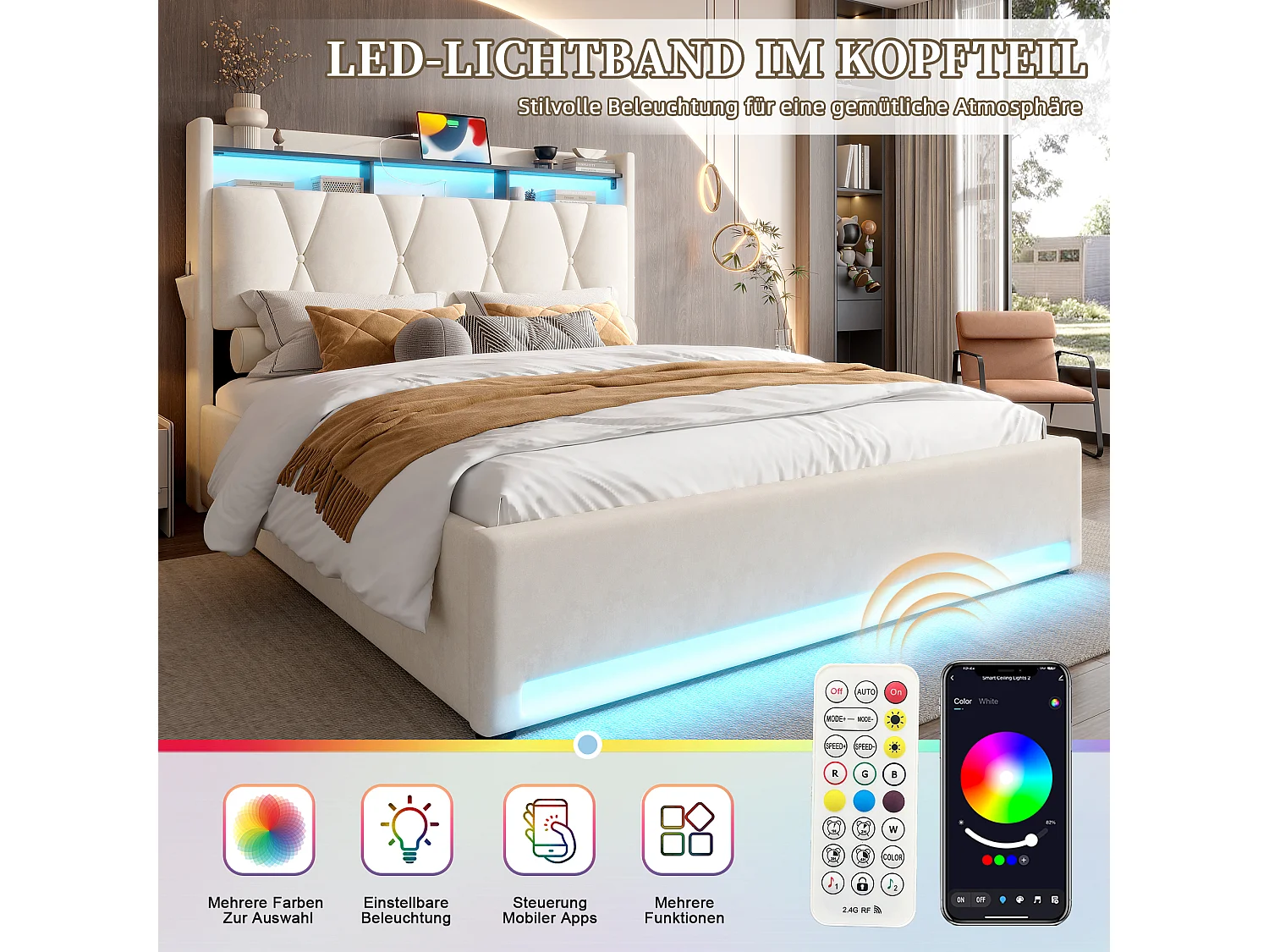 Cama moderna con iluminación LED, espacio de almacenamiento debajo, USB tipo C, cabecero con espacio de almacenamiento, 140x200 cm (146x221x150 cm)