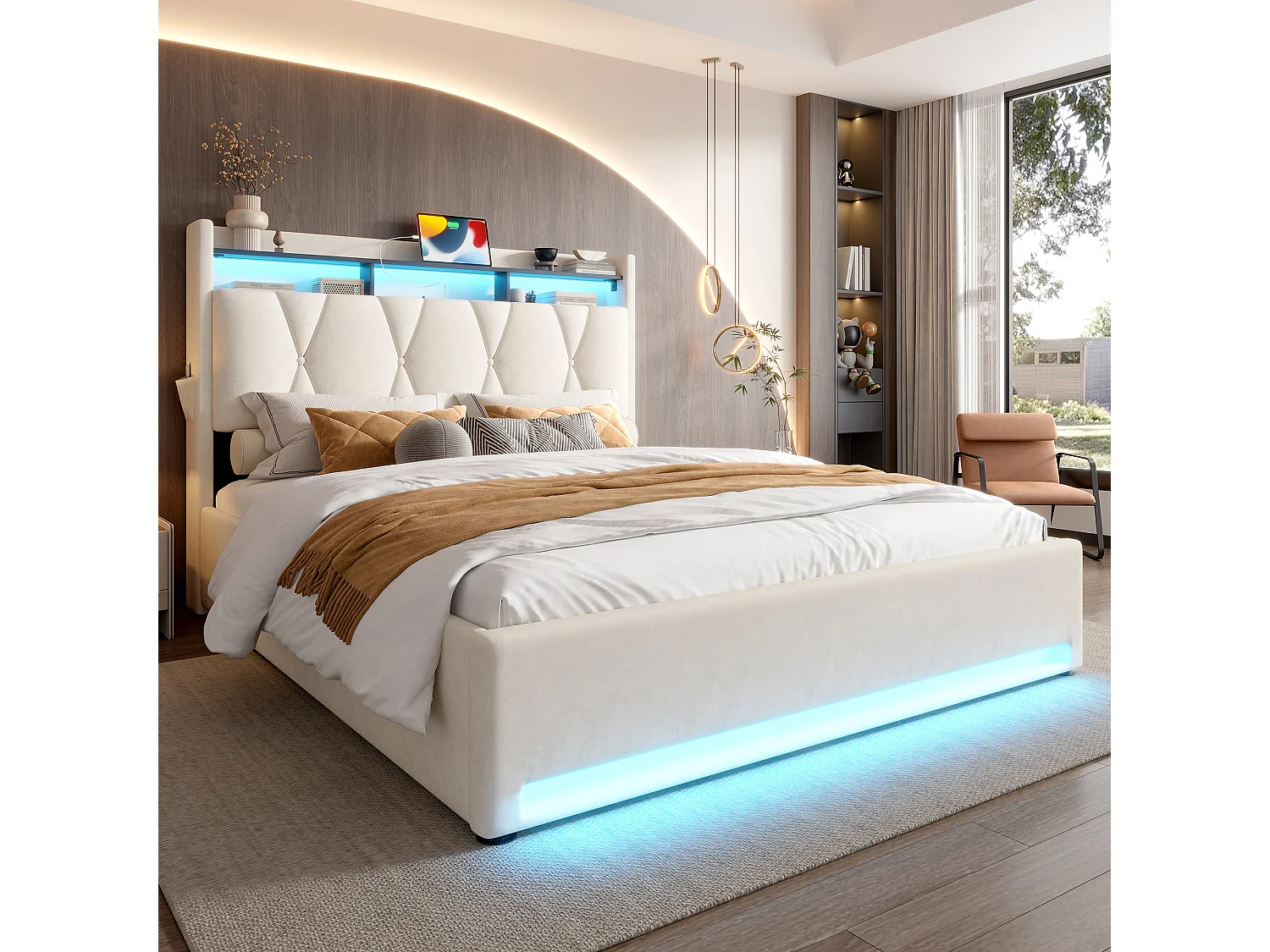 Cama moderna con iluminación LED, espacio de almacenamiento debajo, USB tipo C, cabecero con espacio de almacenamiento, 140x200 cm (146x221x150 cm)