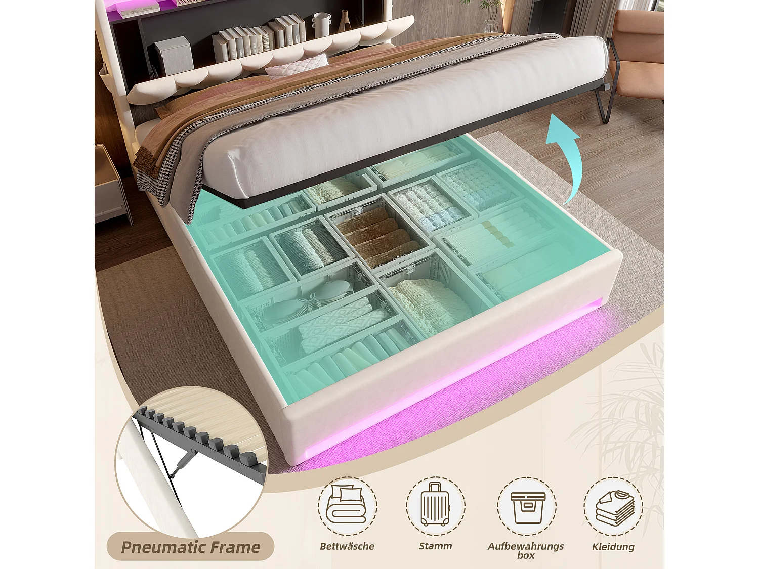 Cama moderna con iluminación LED, espacio de almacenamiento debajo, USB tipo C, cabecero con espacio de almacenamiento, 140x200 cm (146x221x150 cm)