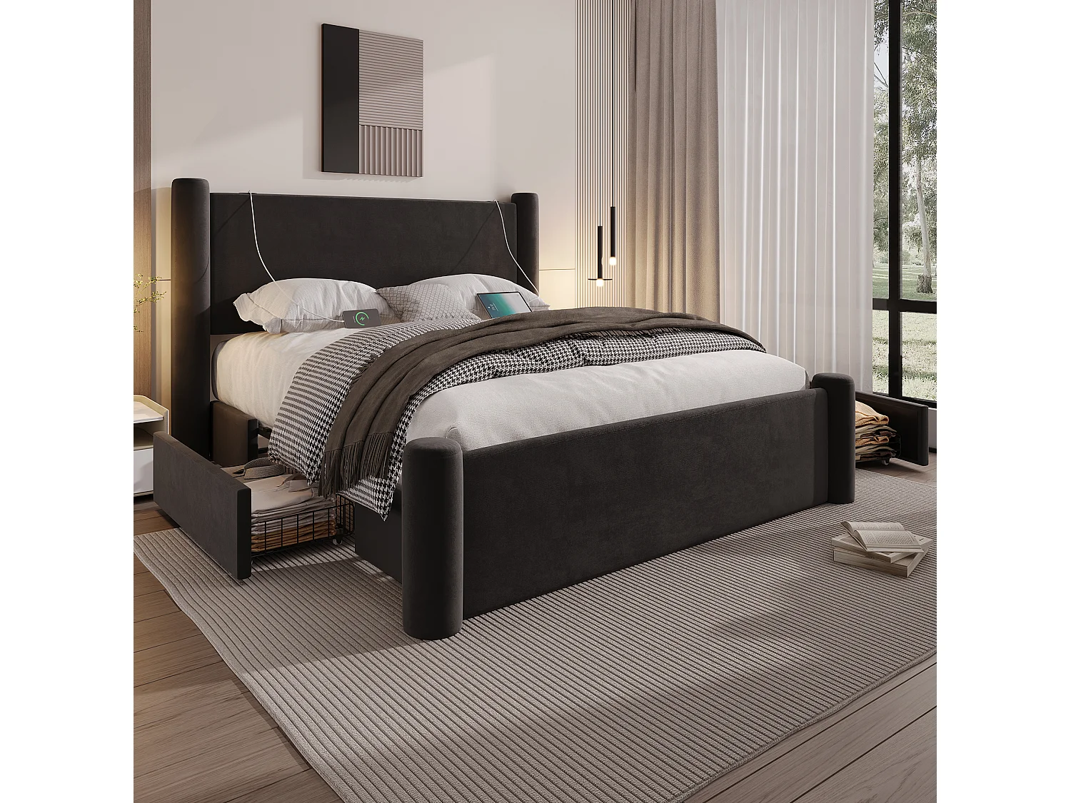 Lit 140 x 200 cm avec design moderne, tête de lit 3D, rembourrage épais, 2 tiroirs de rangement et ports USB intégrés, Noir (140x200 cm)