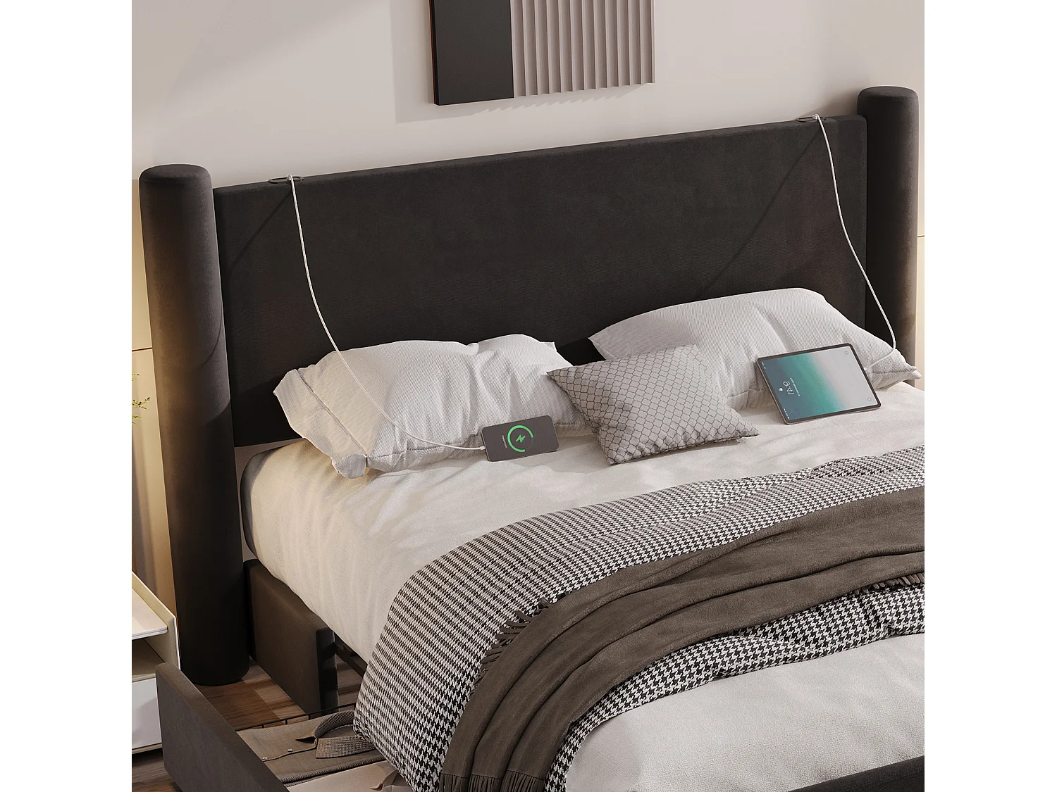 Lit 140 x 200 cm avec design moderne, tête de lit 3D, rembourrage épais, 2 tiroirs de rangement et ports USB intégrés, Noir (140x200 cm)