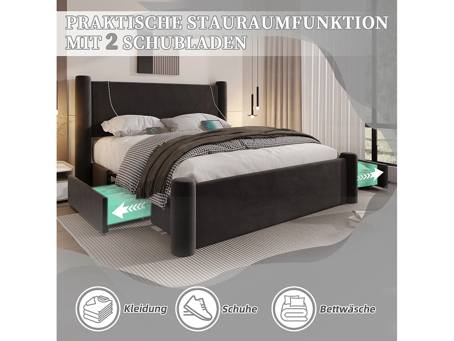 Lit 140 x 200 cm avec design moderne, tête de lit 3D, rembourrage épais, 2 tiroirs de rangement et ports USB intégrés, Noir (140x200 cm)