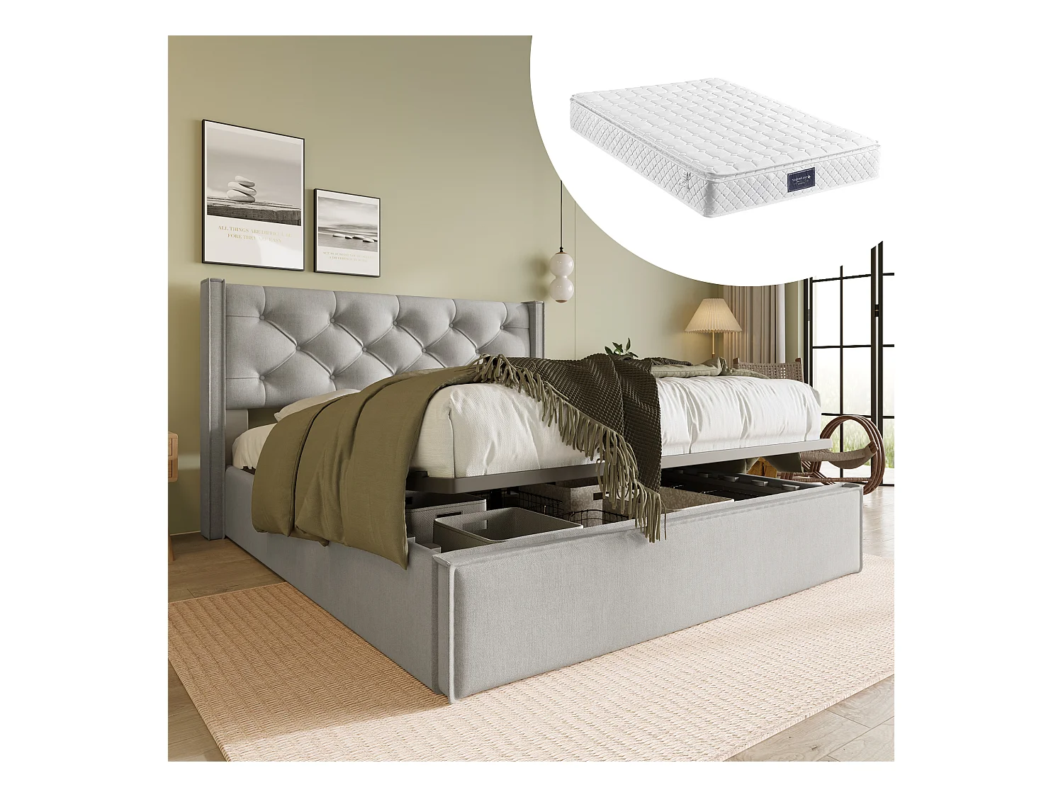 Lit hydraulique avec tête de lit ajustable, 140x200 cm, Velours, Gris clair, Lit de rangement avec matelas inclus (203x151x110 cm)