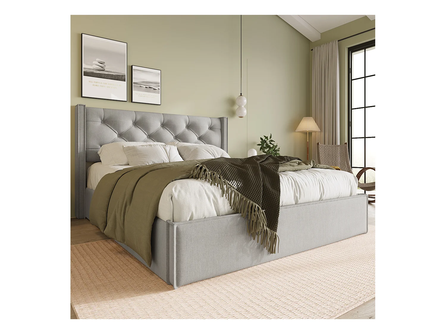 Lit hydraulique avec tête de lit ajustable, 140x200 cm, Velours, Gris clair, Lit de rangement avec matelas inclus (203x151x110 cm)