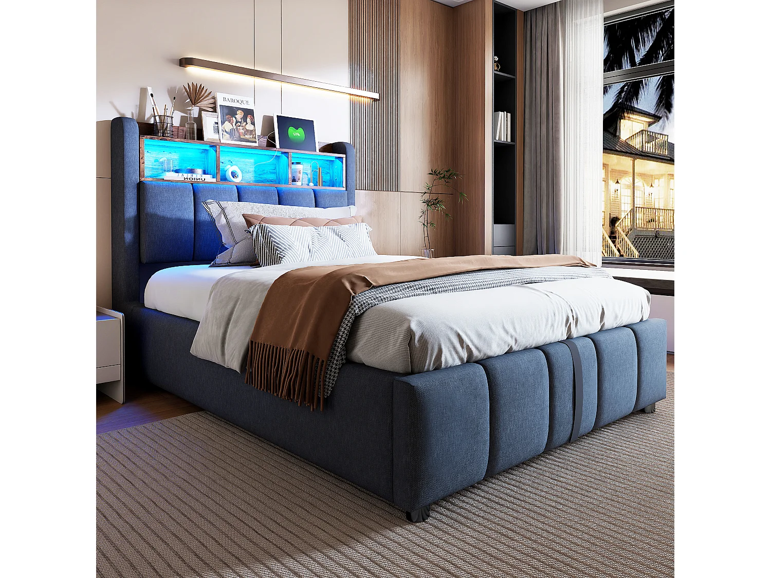 Cama 90x200 cm con LED, toma USB, cabecero con baldas y almacenaje, sistema de almacenaje hidráulico, tejido de lino gris (215x90x110 cm)