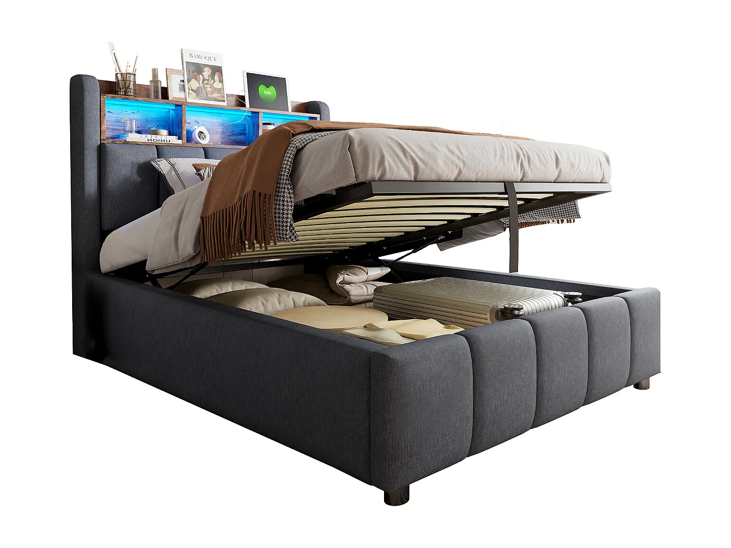 Cama 90x200 cm con LED, toma USB, cabecero con baldas y almacenaje, sistema de almacenaje hidráulico, tejido de lino gris (215x90x110 cm)