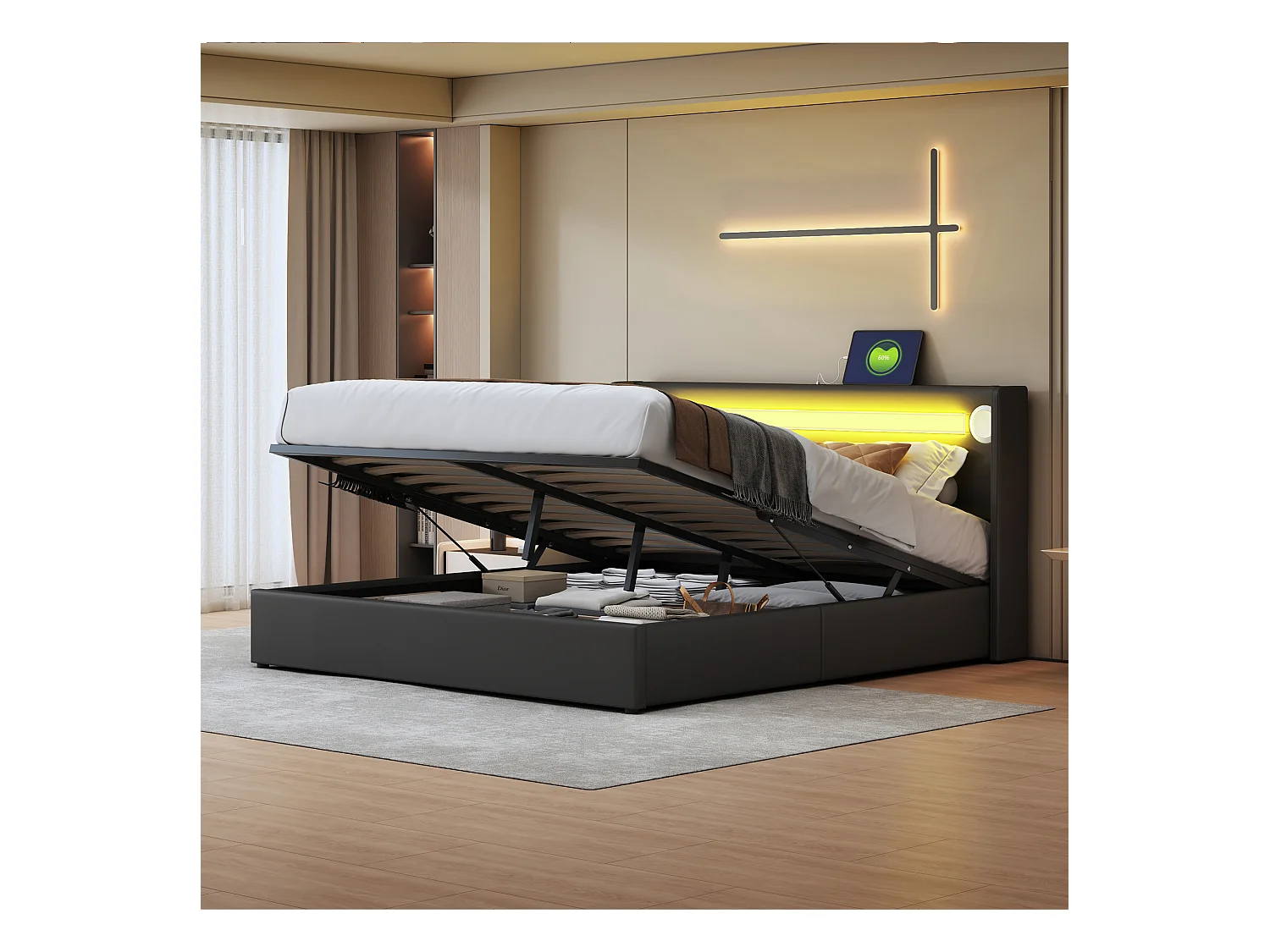 Cama doble con canapé 160x200 cm, LED, reproductor Bluetooth, puerto USB, tapizado en símil piel, estructura de PU, color negro (212,5x166x103 cm)