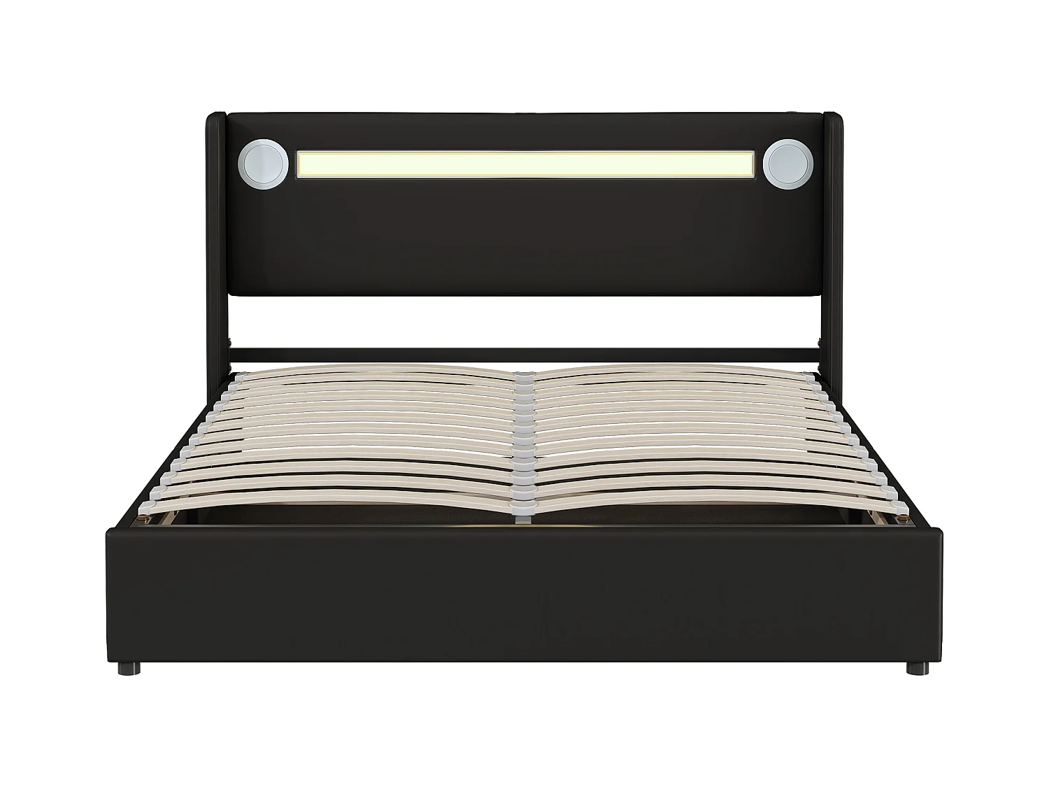 Cama doble con canapé 160x200 cm, LED, reproductor Bluetooth, puerto USB, tapizado en símil piel, estructura de PU, color negro (212,5x166x103 cm)