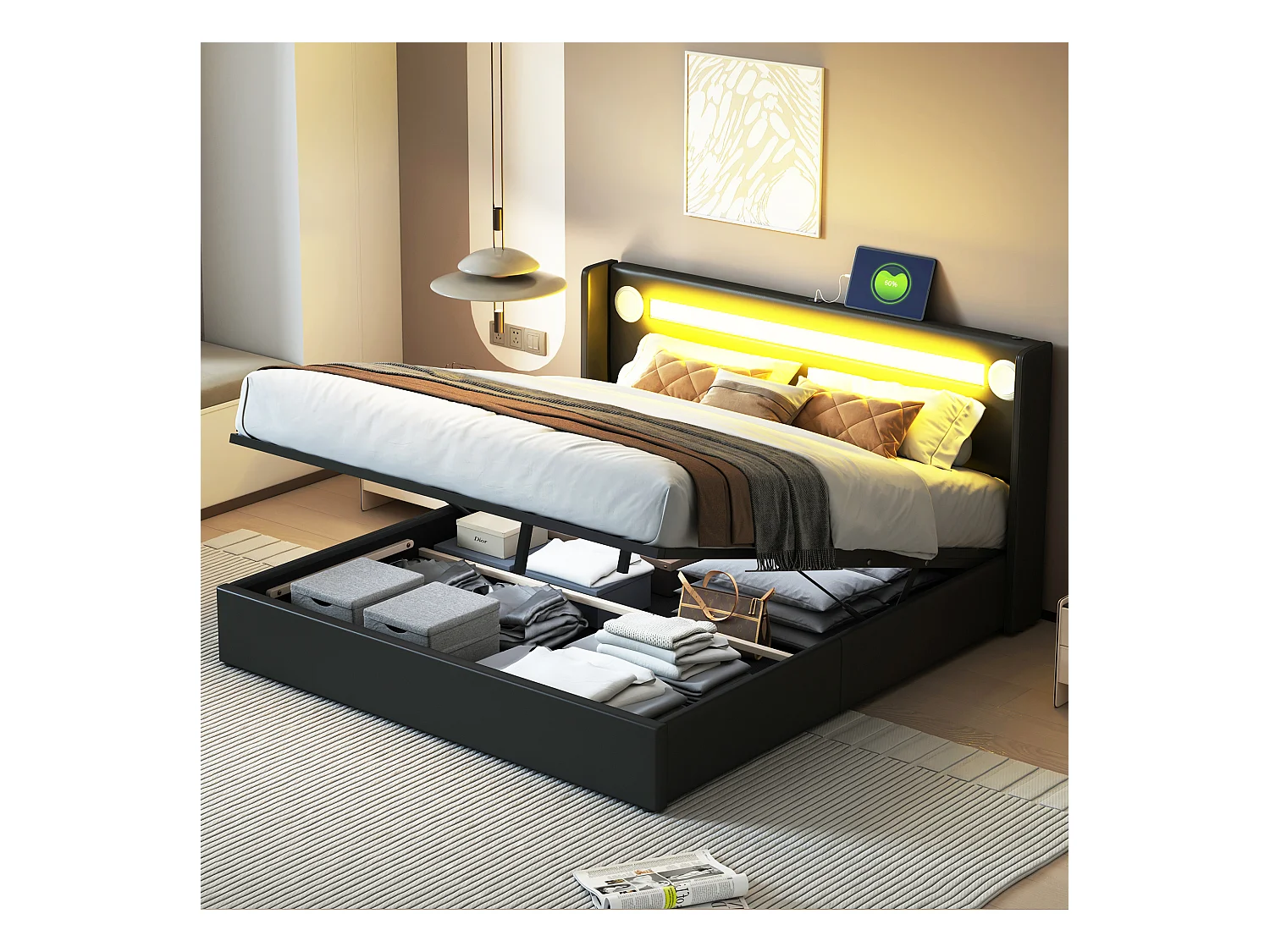 Lit double coffre 160x200 cm, LED, lecteur Bluetooth, port USB, revêtement simili cuir, structure en PU, noir (212.5x166x103 cm)