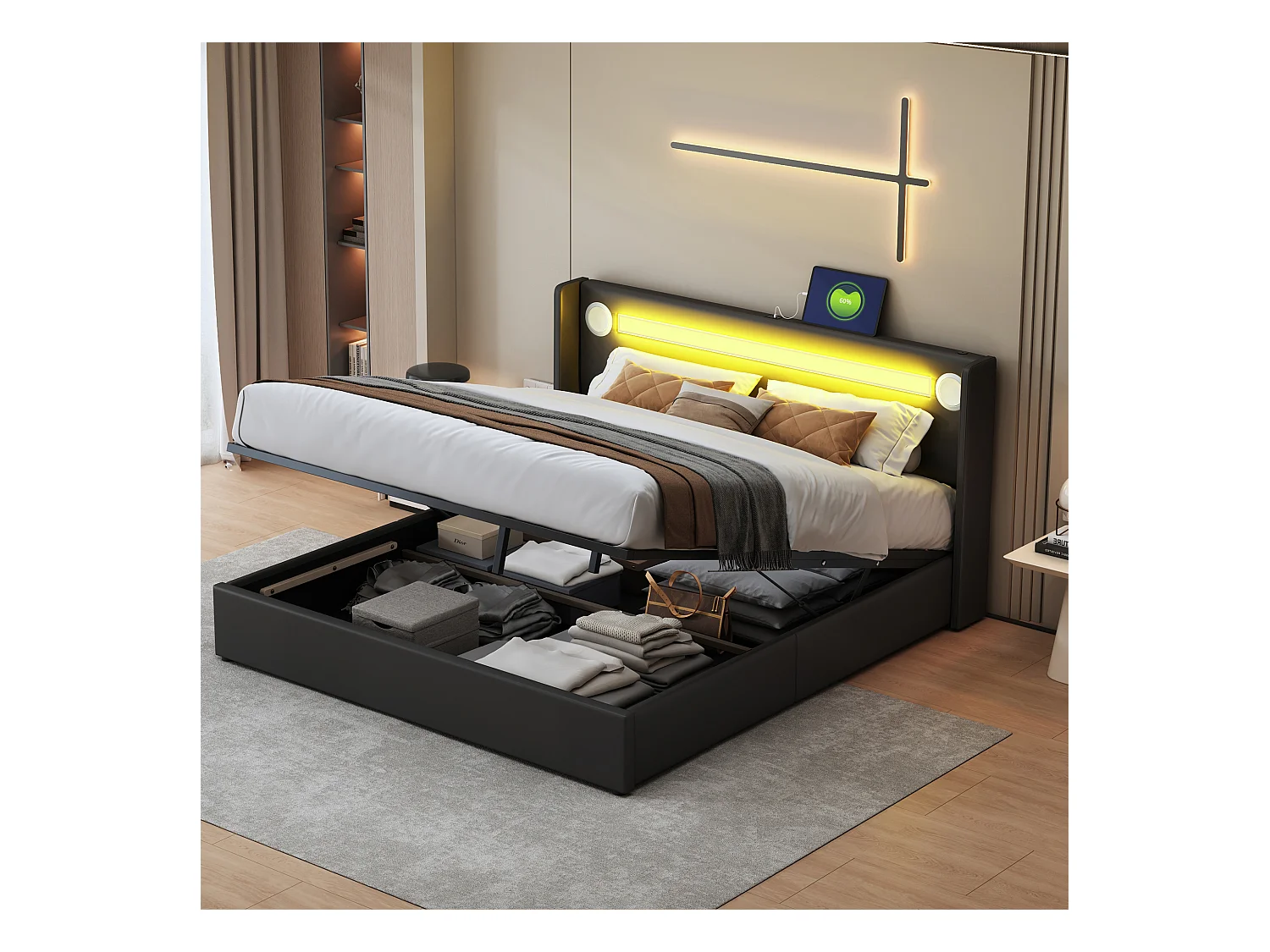 Lit double coffre 160x200 cm, LED, lecteur Bluetooth, port USB, revêtement simili cuir, structure en PU, noir (212.5x166x103 cm)