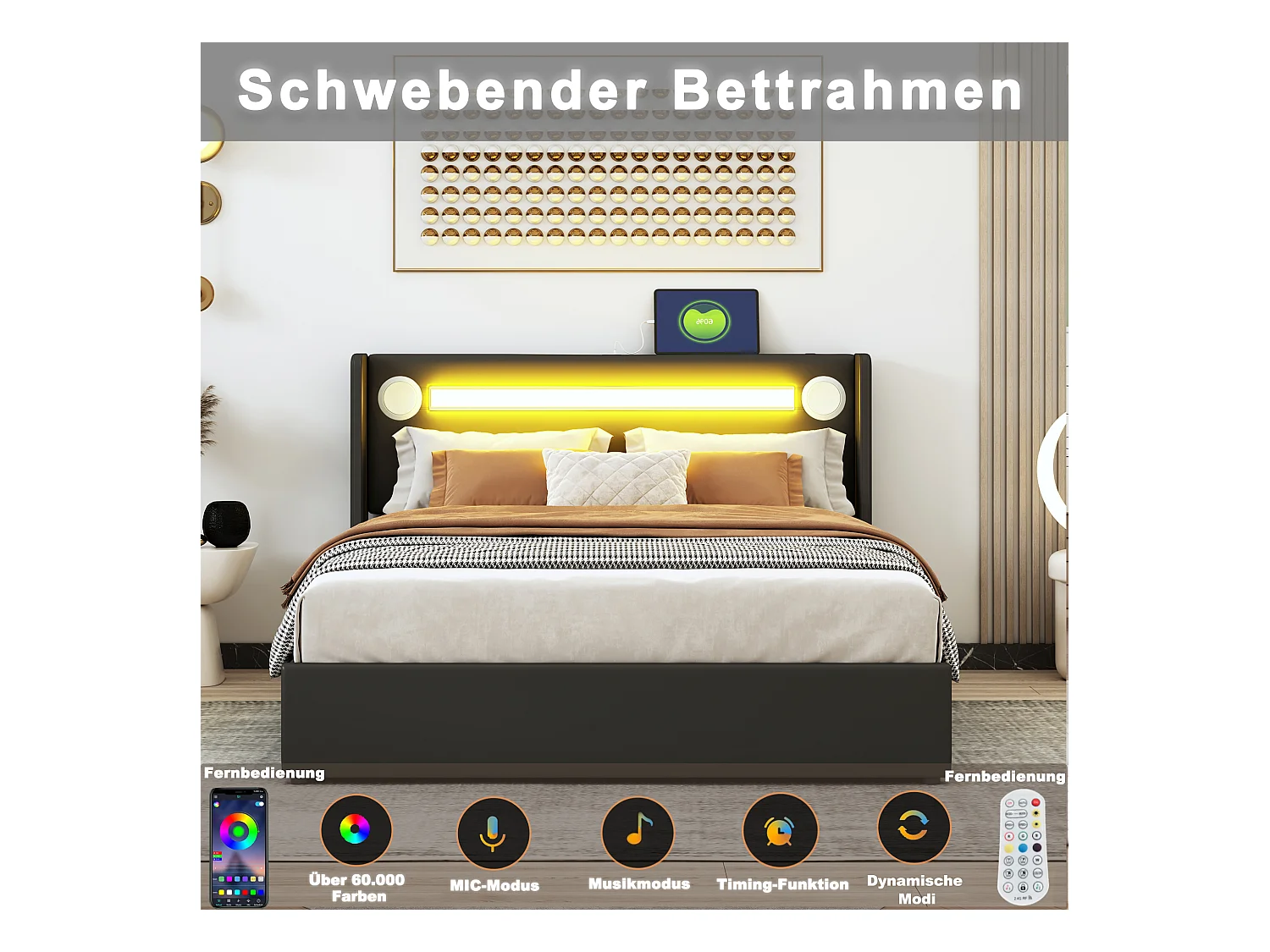 Lit double coffre 160x200 cm, LED, lecteur Bluetooth, port USB, revêtement simili cuir, structure en PU, noir (212.5x166x103 cm)