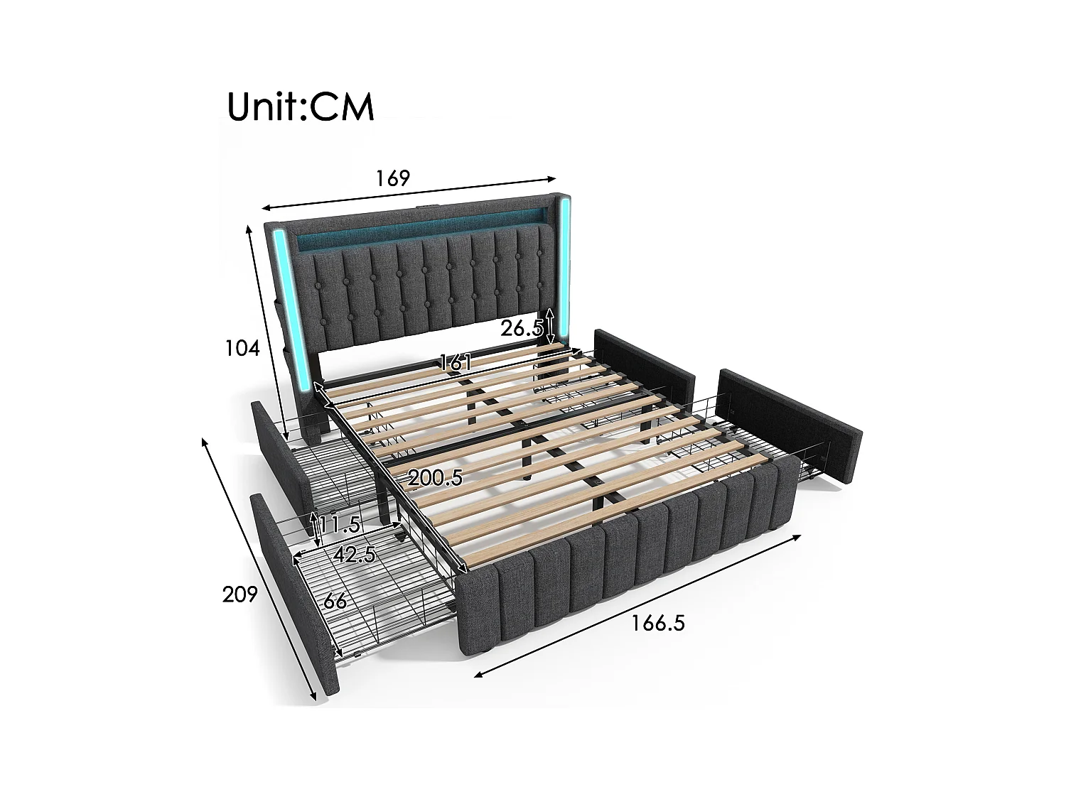 Lit double 160x200 cm avec LED, 4 tiroirs, USB Type C et tête de lit réglable, lin gris (209x169x104 cm)