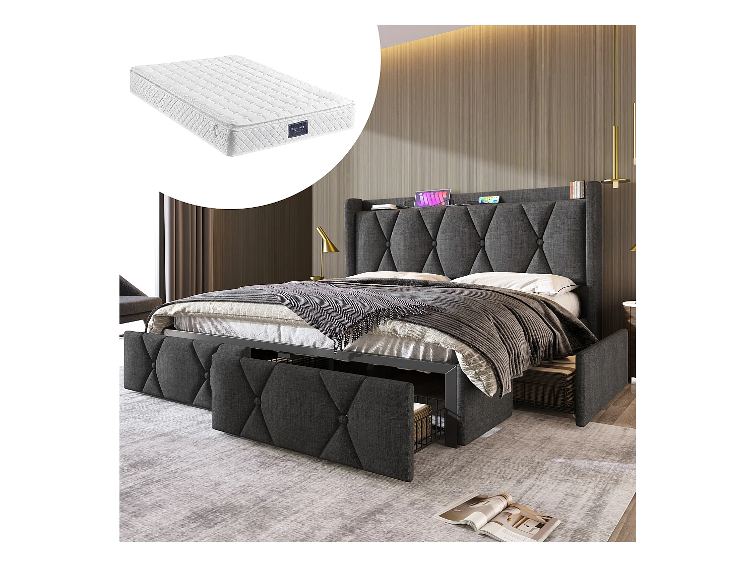 Lit double avec 4 tiroirs, chargeur USB intégré, lin gris, cadre avec sommier bois (149x217x116cm)