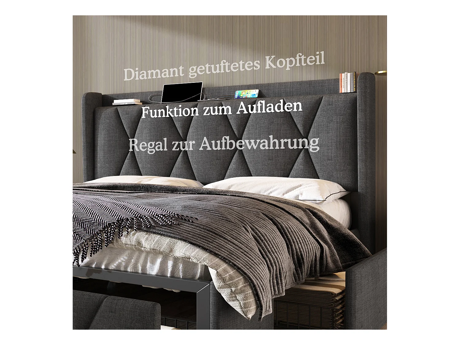 Lit double avec 4 tiroirs, chargeur USB intégré, lin gris, cadre avec sommier bois (149x217x116cm)