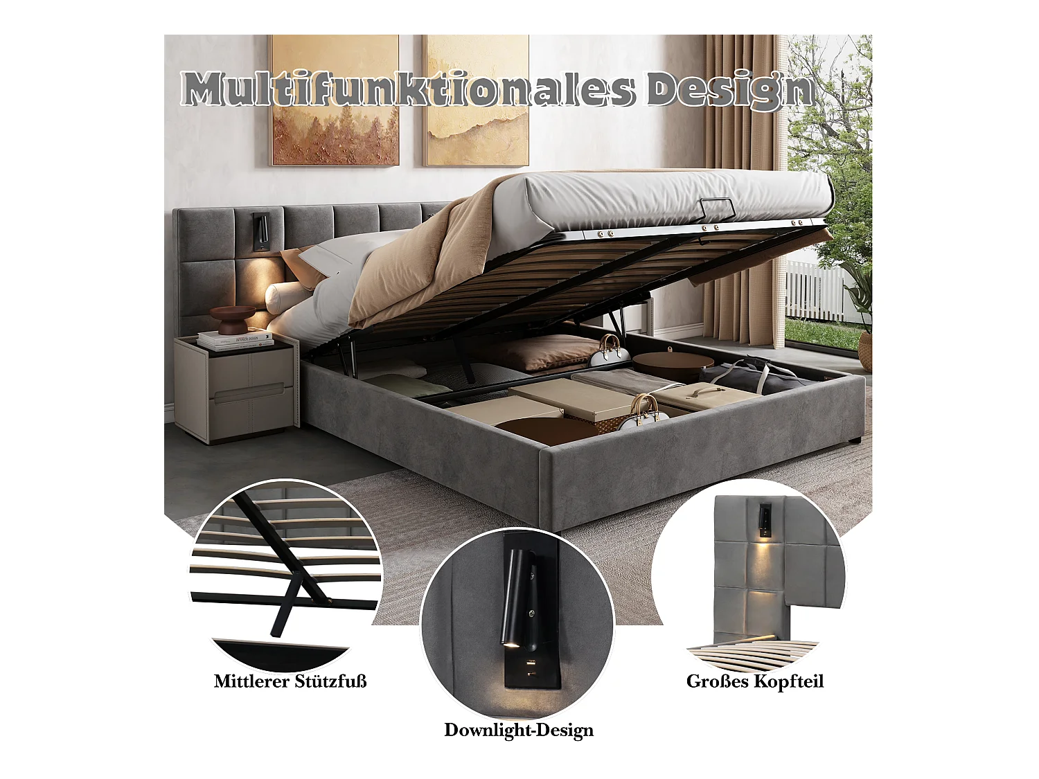 Letto imbottito 160x200 cm, letto con contenitore idraulico, lampada direzionale e ricarica USB, struttura in metallo, velluto grigio (160x200 cm)