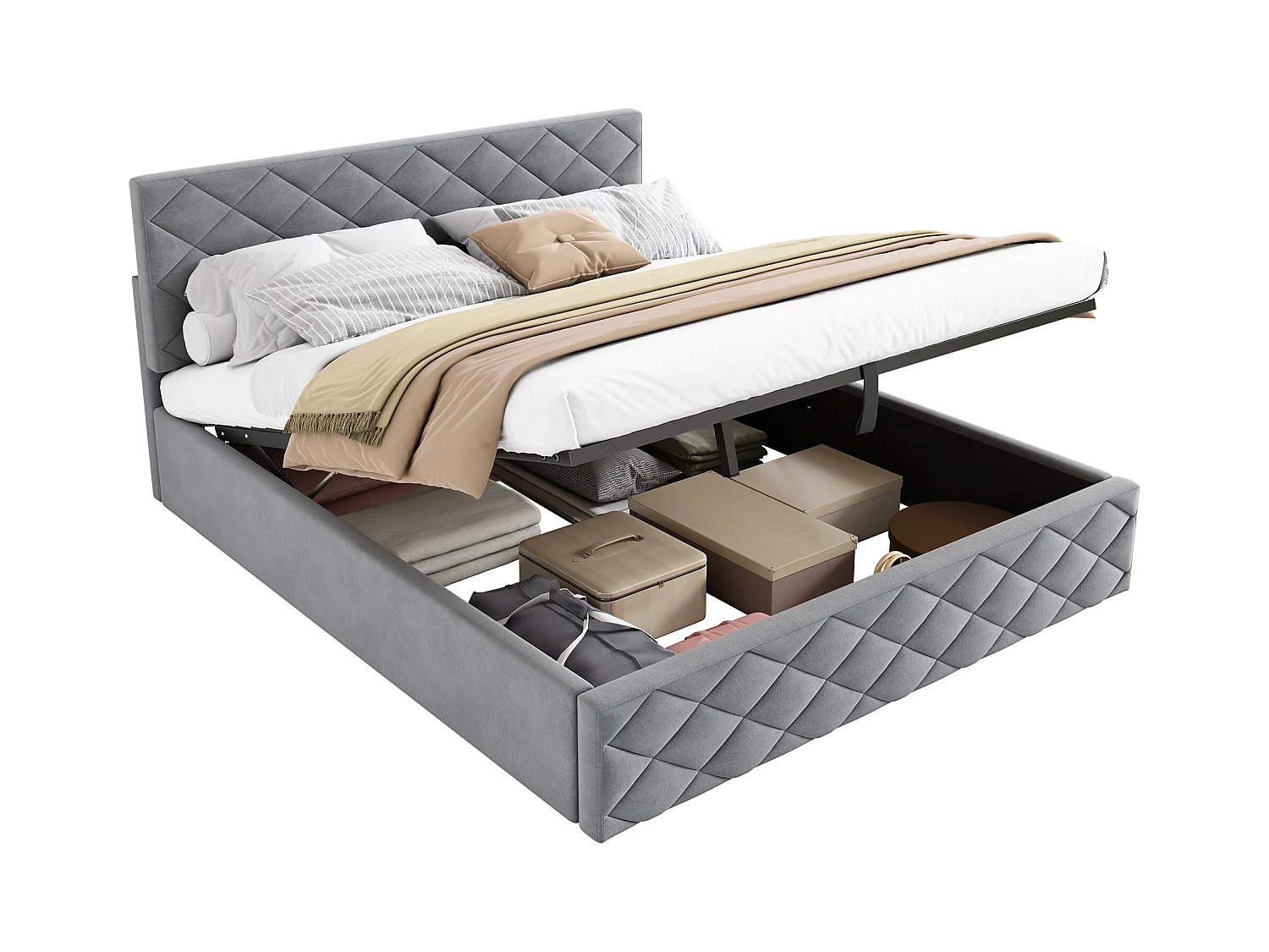 Hydraulisch bed 140x200 cm, met lattenbodem en opbergruimte, elegant design, fluweel, grijs (140x200x98 cm)
