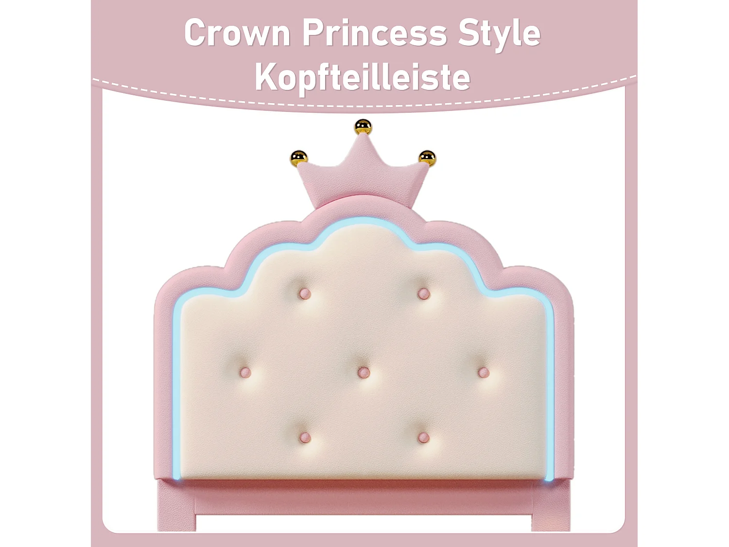 Lit Princesse 90x200 cm, avec éclairage LED, Forme Couronne, PU, Rose (203x94x129 cm)