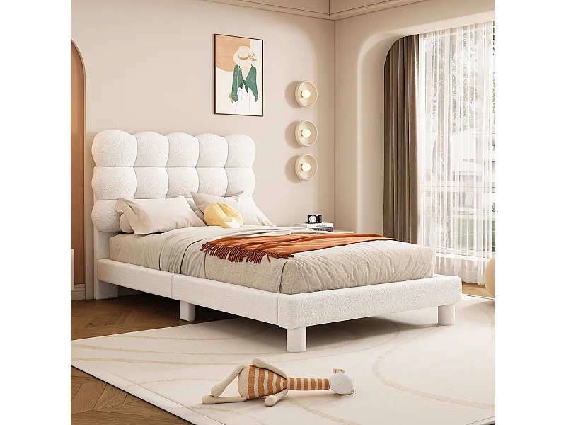 Letto matrimoniale 90x200 cm con testiera imbottita regolabile, design minimalista, lino, beige (211x106x114 cm)