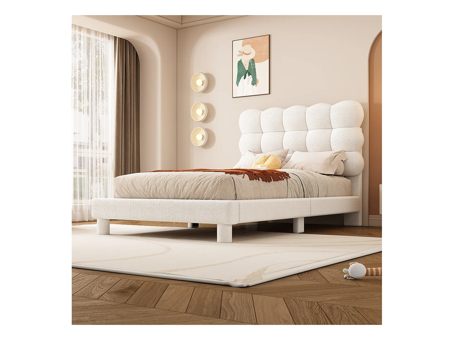 Vlak bed 90x200 cm met verstelbaar gestoffeerd hoofdeinde, minimalistisch design, linnen, beige (211x106x114 cm)