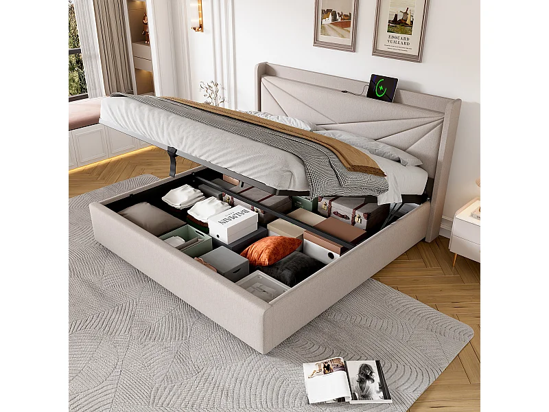 Cama doble con canapé y cabecero USB Tipo C, estructura de lino beige (166x208x107cm)