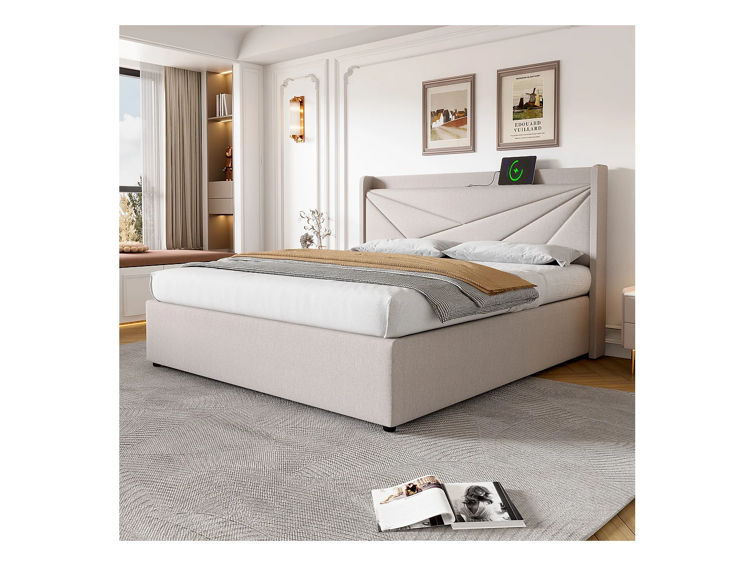 Lit double coffre avec tête de lit USB Type C, structure en lin beige (166x208x107cm)