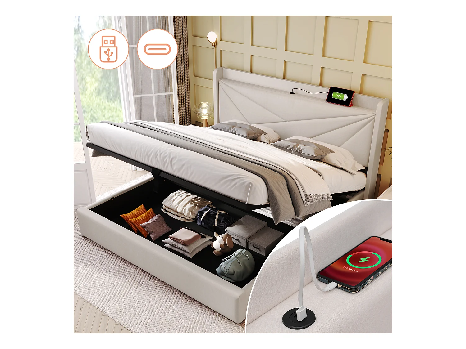 Lit double coffre avec tête de lit USB Type C, structure en lin beige (166x208x107cm)