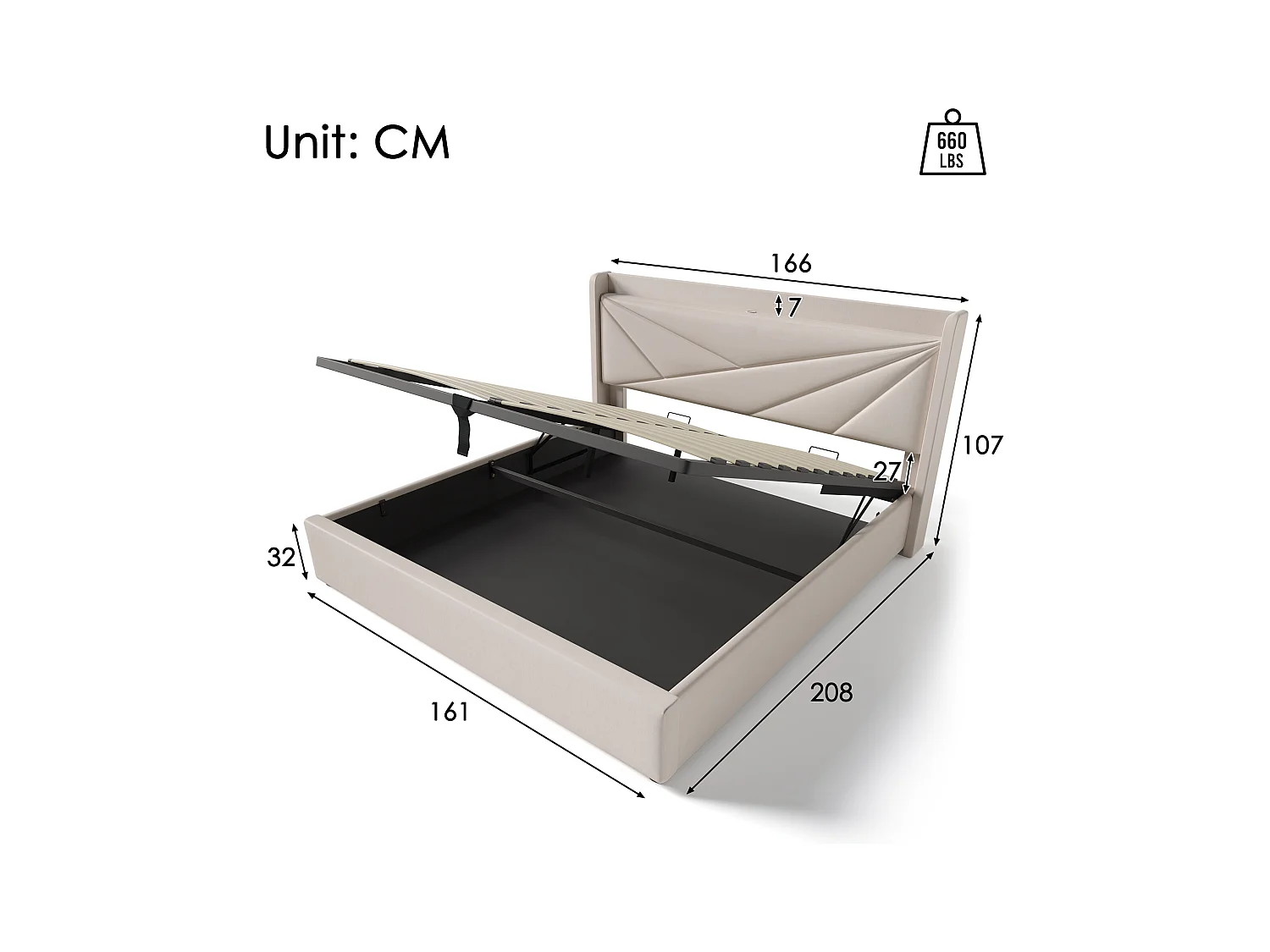 Lit double coffre avec tête de lit USB Type C, structure en lin beige (166x208x107cm)