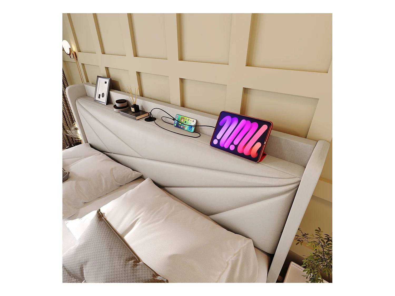 Lit double coffre avec tête de lit USB Type C, structure en lin beige (166x208x107cm)