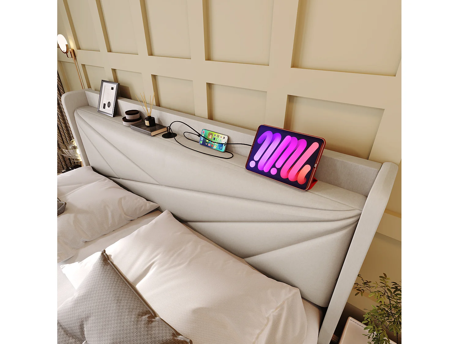 Lit double coffre avec tête de lit USB Type C, structure en lin beige (166x208x107cm)