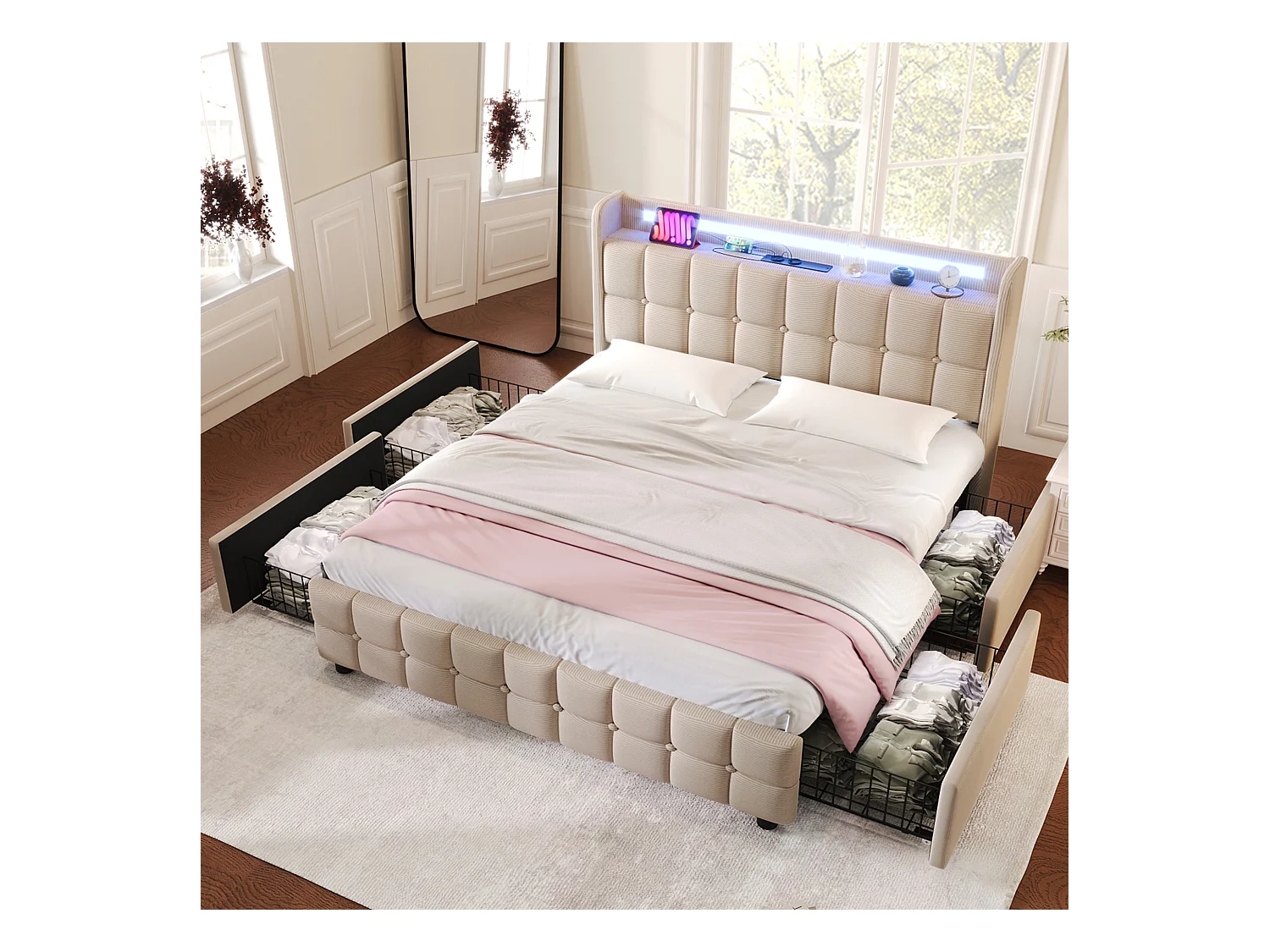 Lit avec LED et USB, Tête de lit ajustable, 180x200 cm, Beige, Lit de rangement avec 4 tiroirs et cadre en bois (220x184.5x103.5 cm)