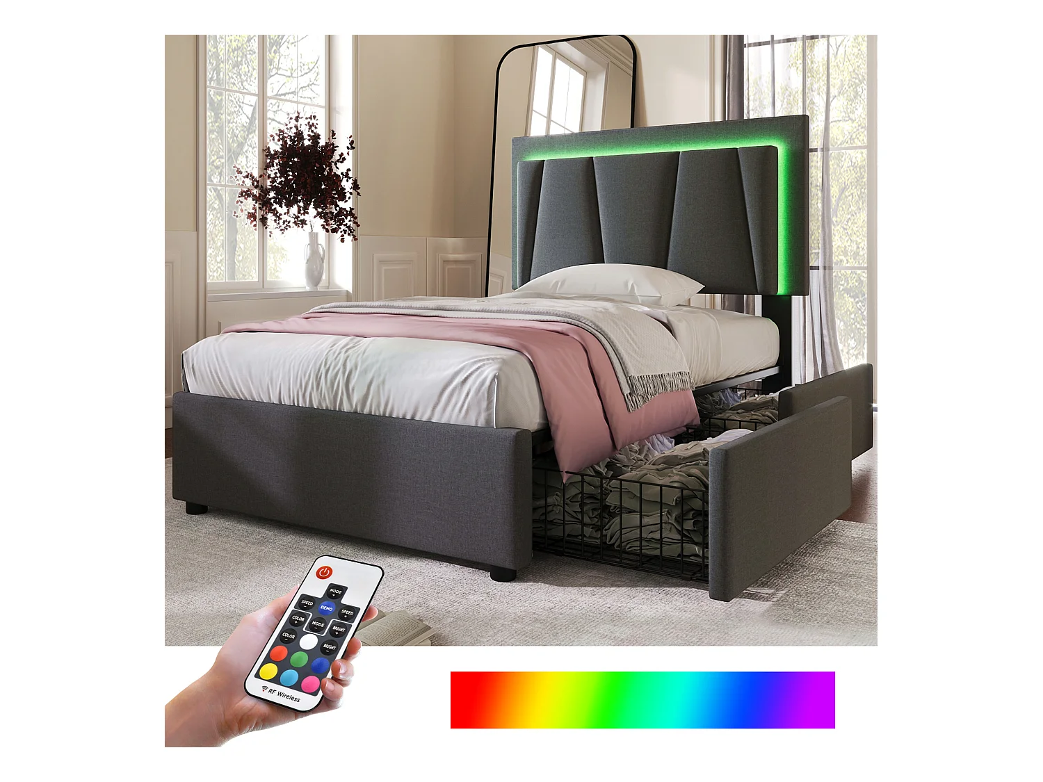 Lit simple avec éclairage LED, 2 tiroirs, tête de lit réglable, lin gris (99x207x102-112 cm)