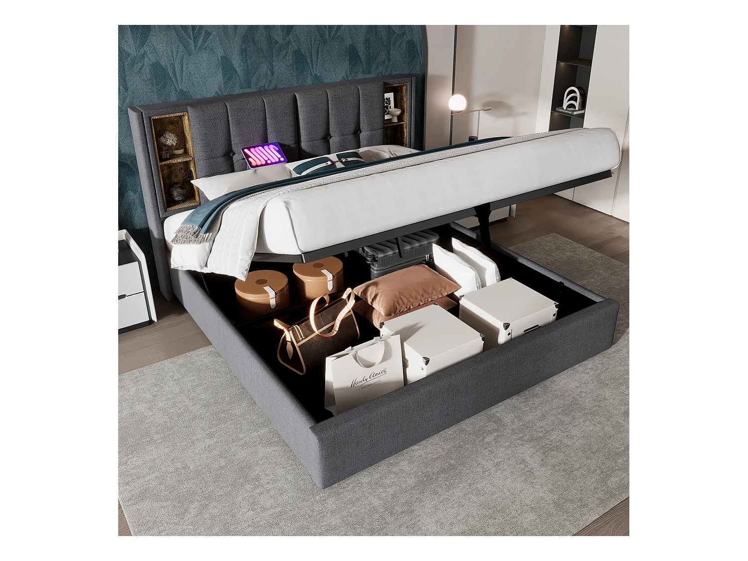 Tweepersoonsbed met draadloze USB-C-oplader, grijs katoenen frame, geïntegreerde opbergruimte, 180x200cm (206x185x100,5cm)