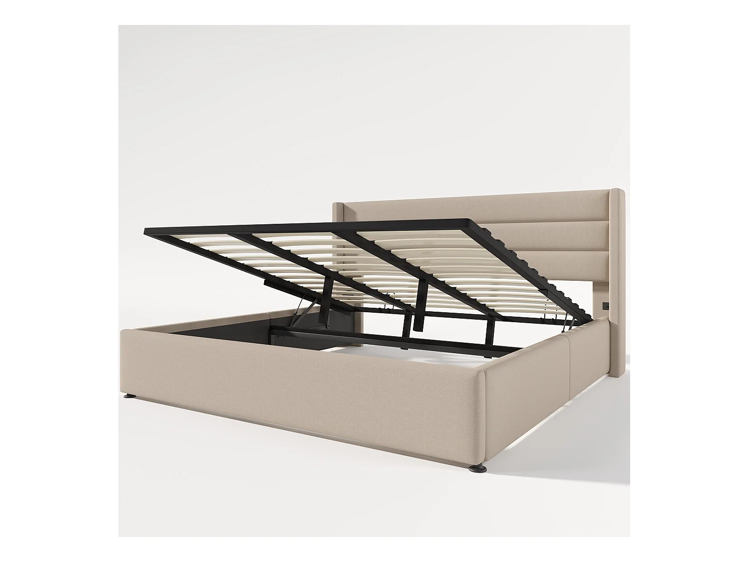 Lit avec rangement, lit double 180x200 cm, tête de lit réglable, tissu lin beige, sommier métallique et bois (214.5x193.5x114 cm)