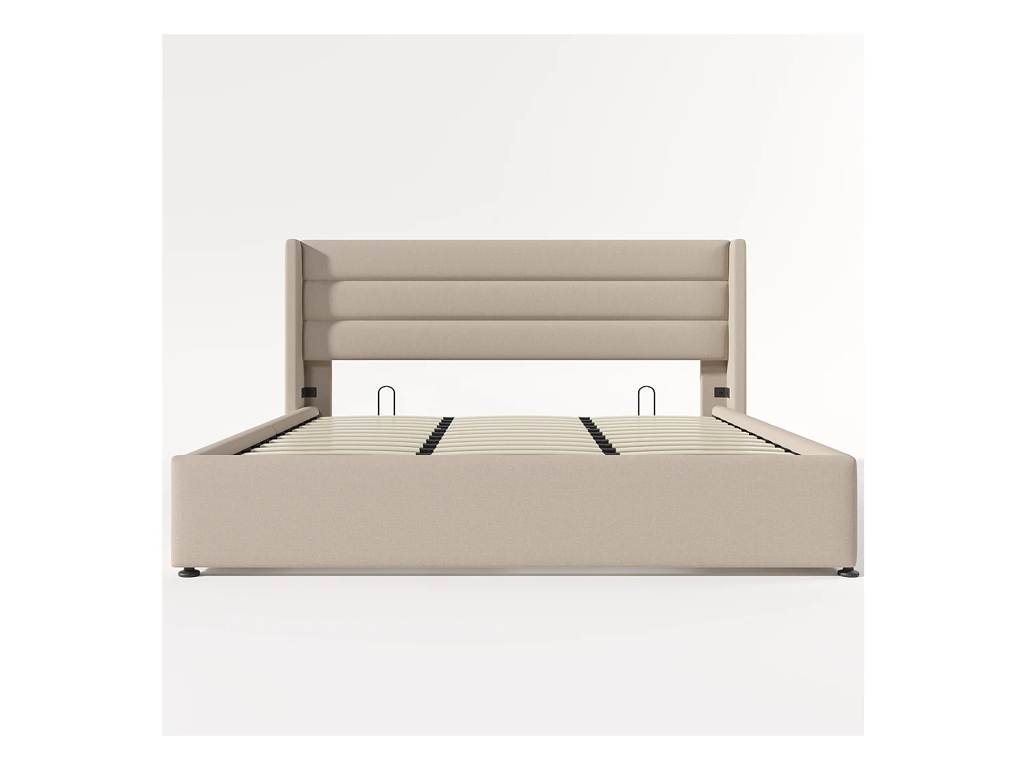 Lit avec rangement, lit double 180x200 cm, tête de lit réglable, tissu lin beige, sommier métallique et bois (214.5x193.5x114 cm)