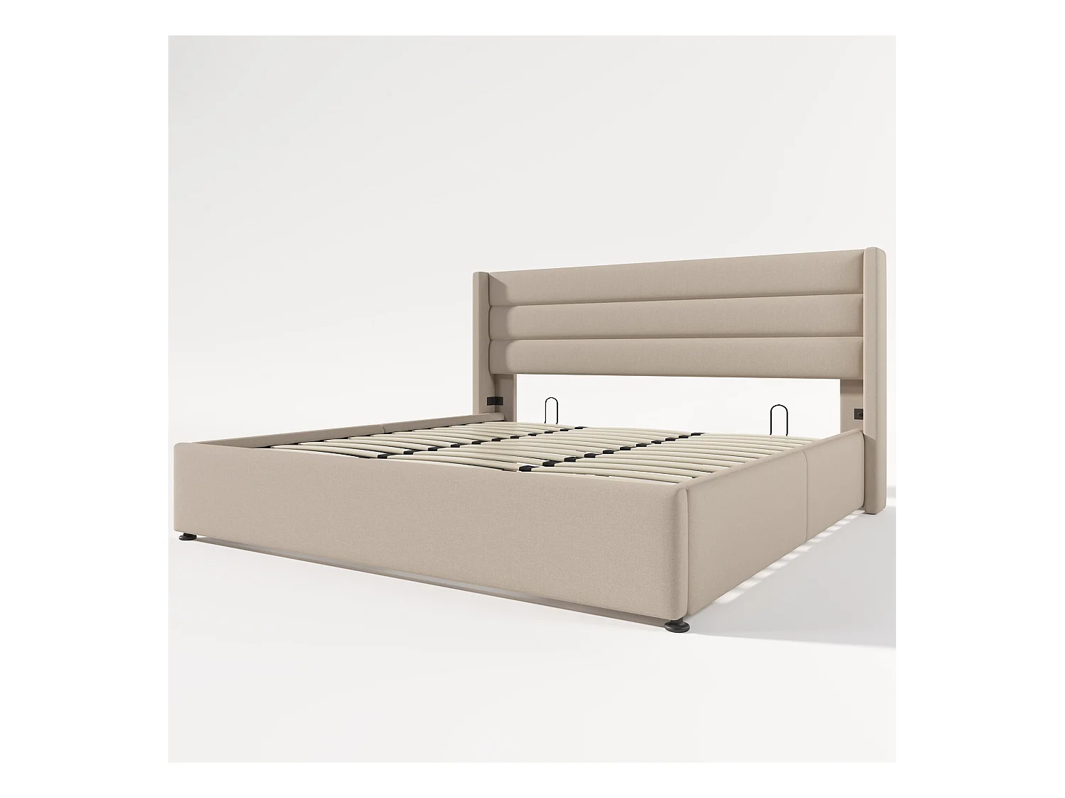 Lit avec rangement, lit double 180x200 cm, tête de lit réglable, tissu lin beige, sommier métallique et bois (214.5x193.5x114 cm)
