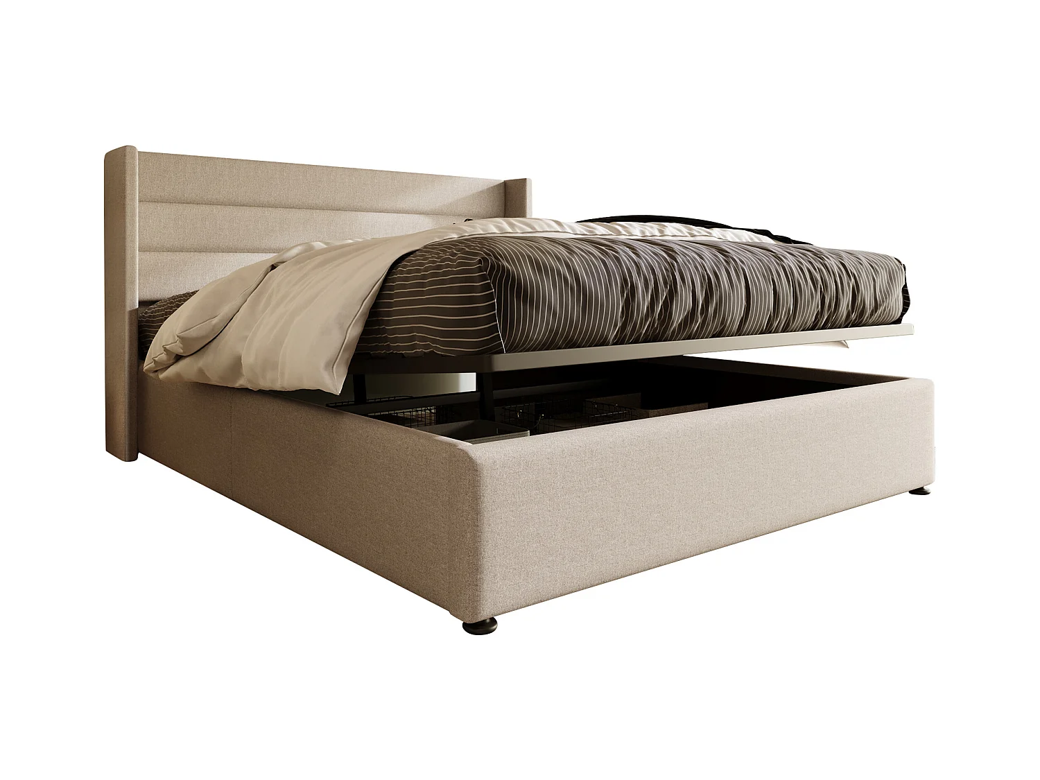 Lit avec rangement, lit double 180x200 cm, tête de lit réglable, tissu lin beige, sommier métallique et bois (214.5x193.5x114 cm)