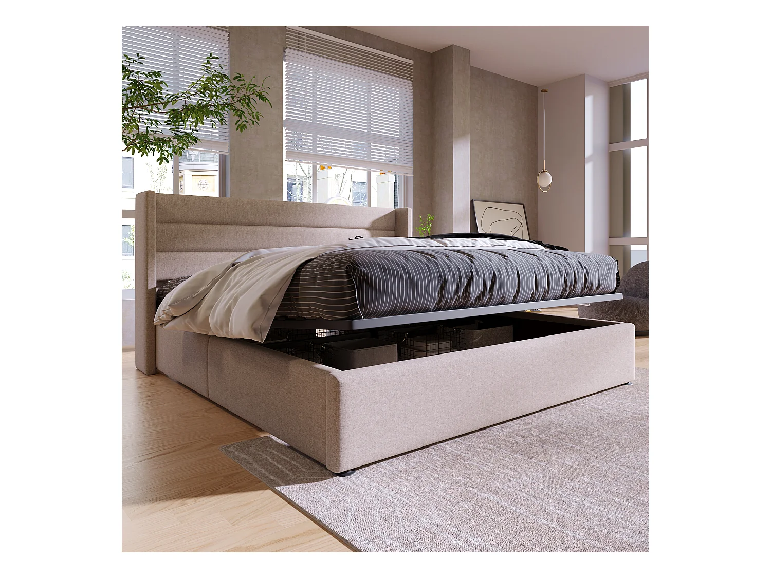 Lit avec rangement, lit double 180x200 cm, tête de lit réglable, tissu lin beige, sommier métallique et bois (214.5x193.5x114 cm)