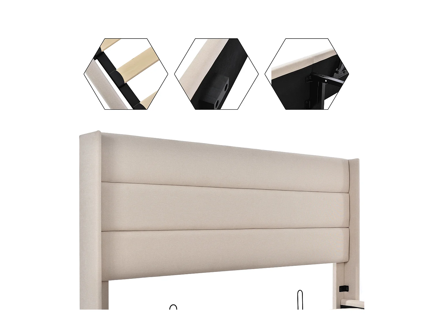 Lit avec rangement, lit double 180x200 cm, tête de lit réglable, tissu lin beige, sommier métallique et bois (214.5x193.5x114 cm)