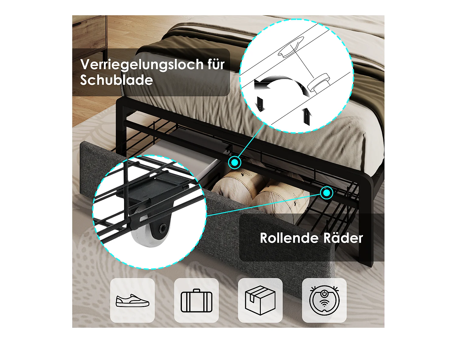 Letto singolo con USB Type-C, LED, testiera con contenitore, lino, grigio (91x217x110cm)