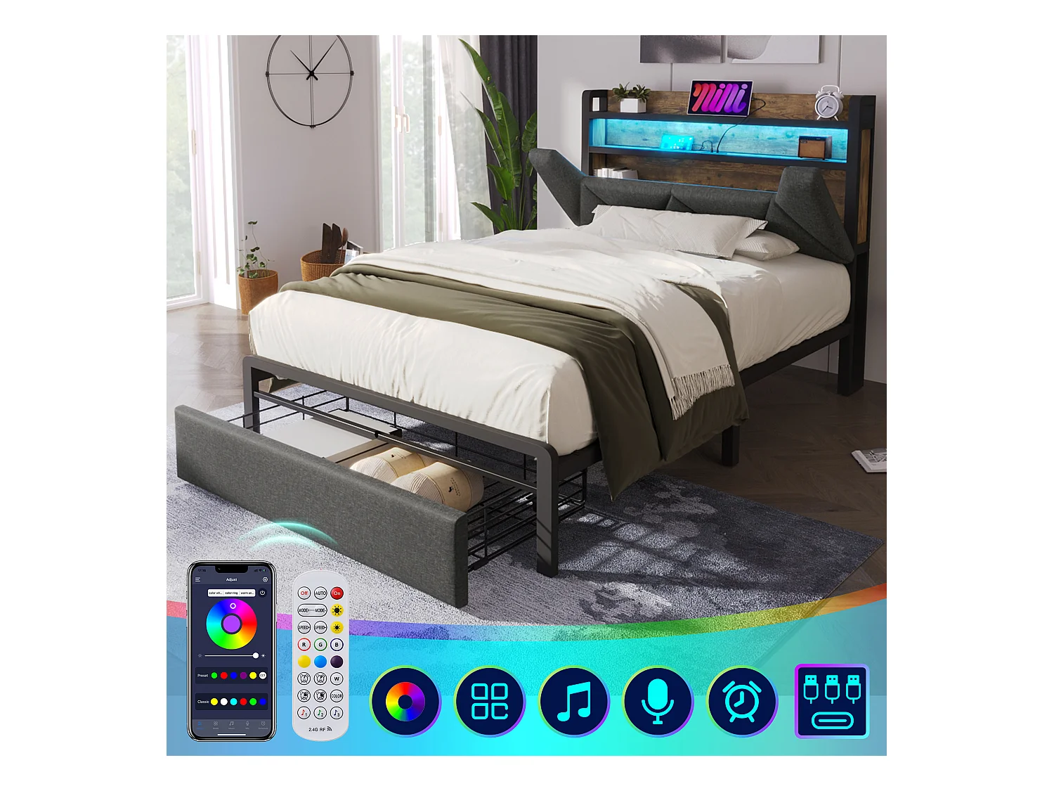 Letto singolo con USB Type-C, LED, testiera con contenitore, lino, grigio (91x217x110cm)
