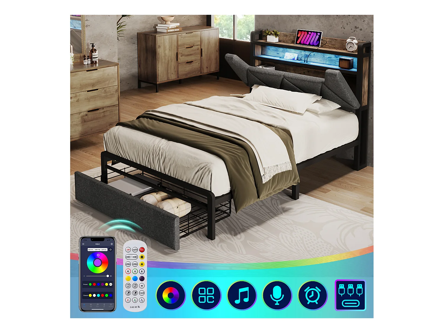 Letto singolo con USB Type-C, LED, testiera con contenitore, lino, grigio (91x217x110cm)