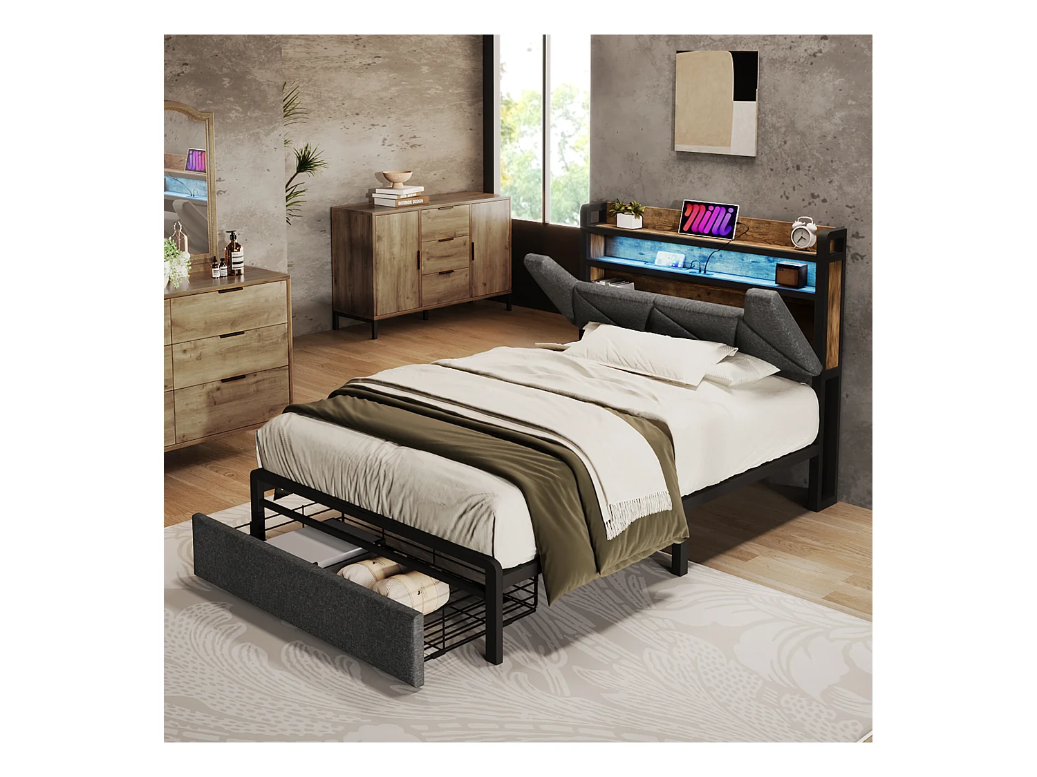 Letto singolo con USB Type-C, LED, testiera con contenitore, lino, grigio (91x217x110cm)