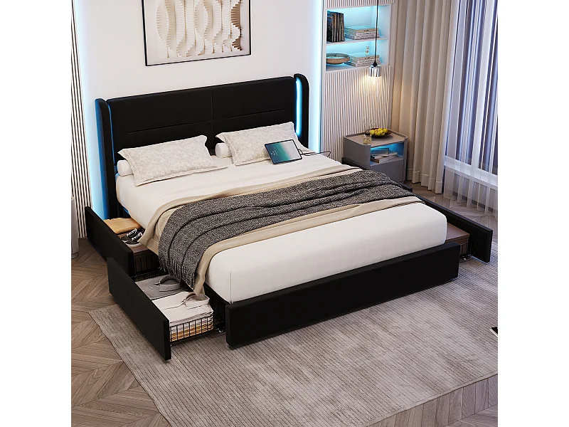 Letto 140 x 200 cm con LED nella testiera, 4 cassetti portaoggetti, imbottitura spessa, porte USB ed eleganti ali, Nero (140 x 200 cm)