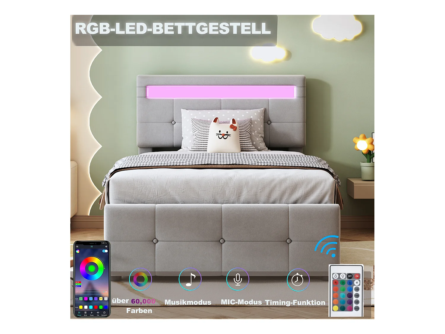 Letto per bambini in velluto 90x200 cm, illuminazione a LED, contenitore idraulico, testiera regolabile, letto singolo contenitore, grigio (203x90x105 cm)