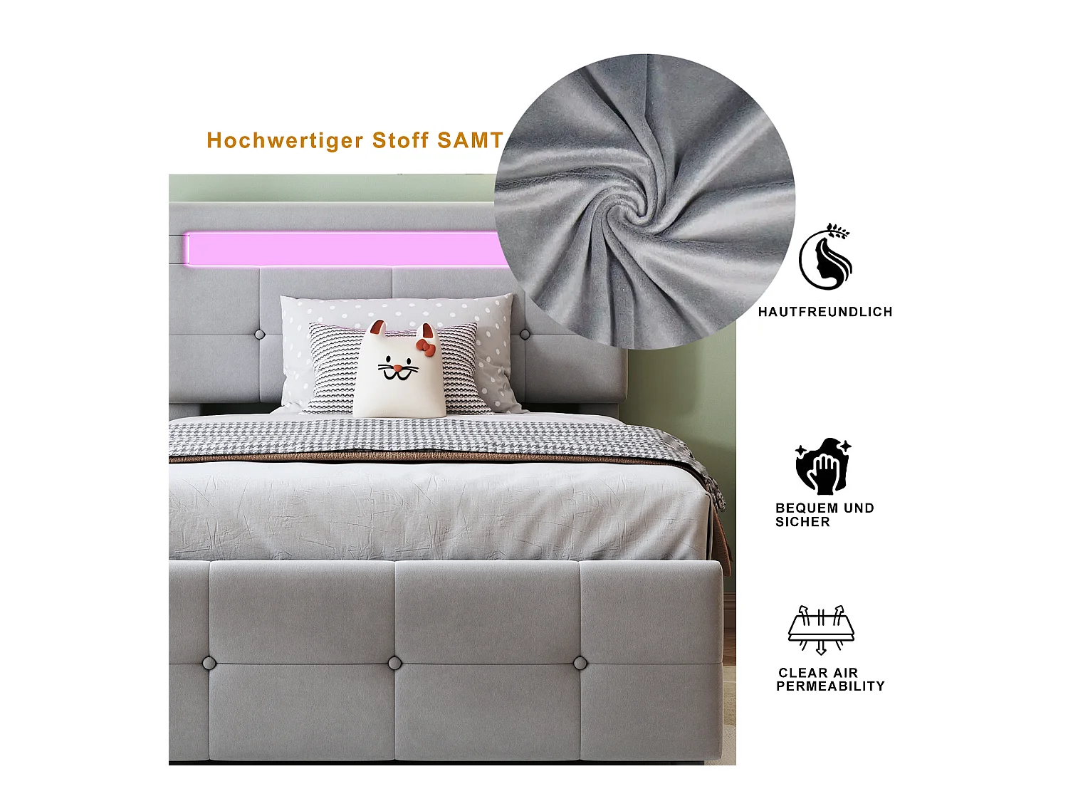 Letto per bambini in velluto 90x200 cm, illuminazione a LED, contenitore idraulico, testiera regolabile, letto singolo contenitore, grigio (203x90x105 cm)