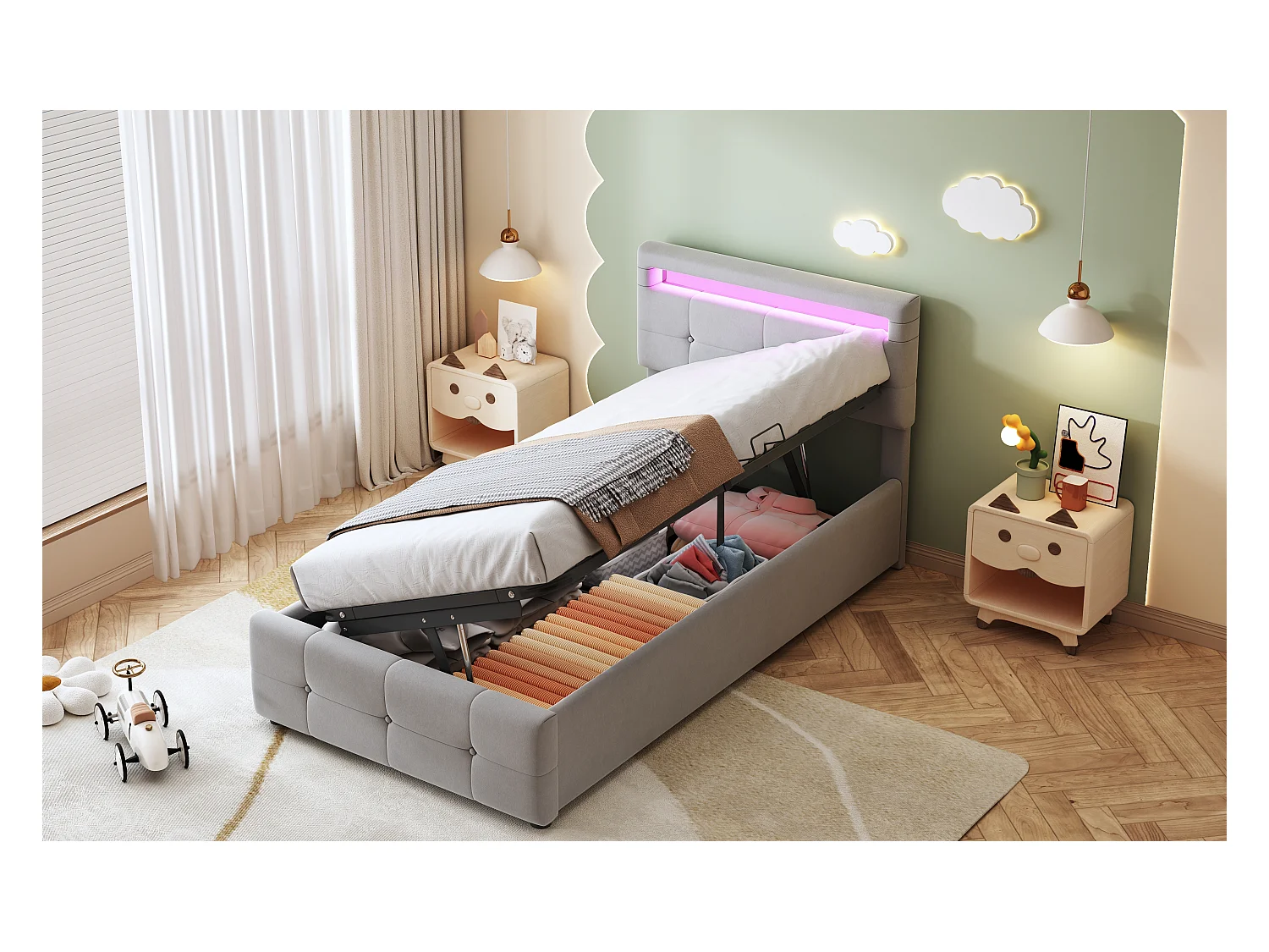 Letto per bambini in velluto 90x200 cm, illuminazione a LED, contenitore idraulico, testiera regolabile, letto singolo contenitore, grigio (203x90x105 cm)