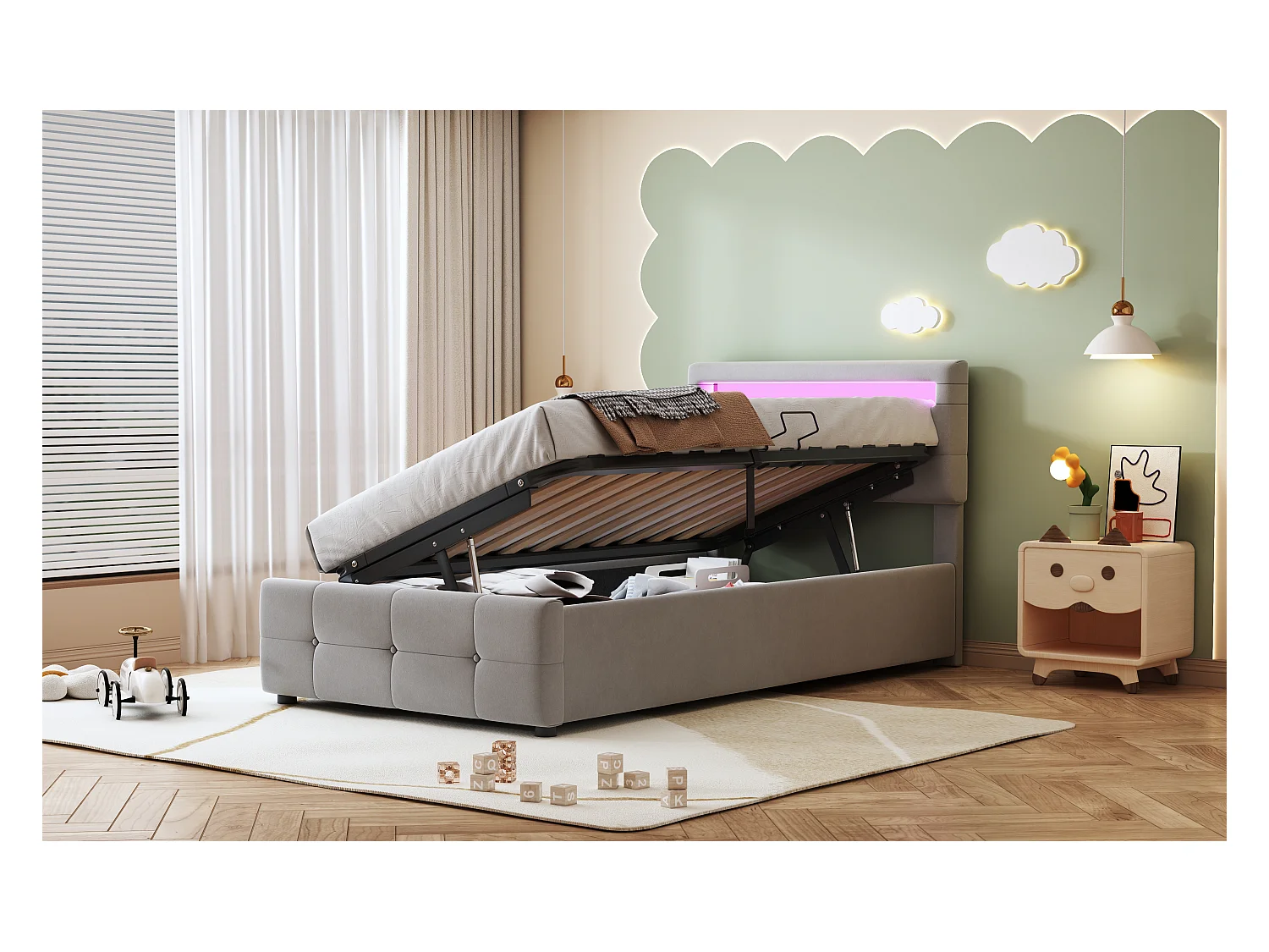 Letto per bambini in velluto 90x200 cm, illuminazione a LED, contenitore idraulico, testiera regolabile, letto singolo contenitore, grigio (203x90x105 cm)