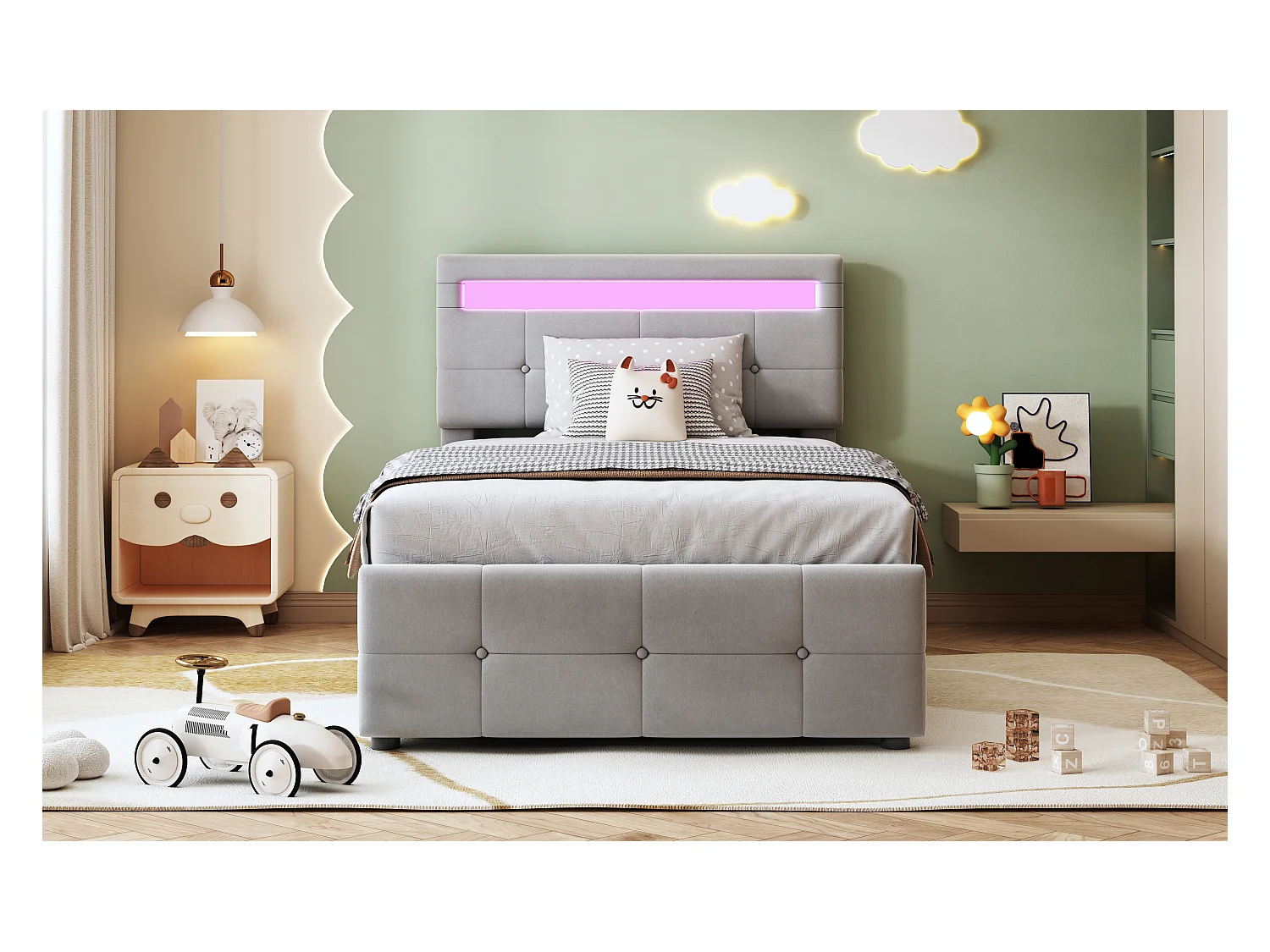 Letto per bambini in velluto 90x200 cm, illuminazione a LED, contenitore idraulico, testiera regolabile, letto singolo contenitore, grigio (203x90x105 cm)