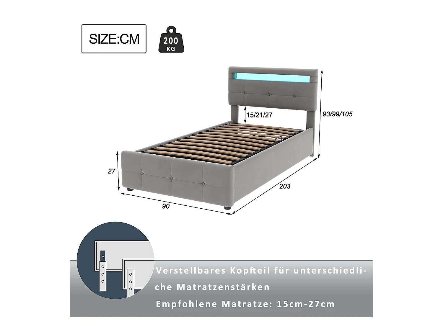 Letto per bambini in velluto 90x200 cm, illuminazione a LED, contenitore idraulico, testiera regolabile, letto singolo contenitore, grigio (203x90x105 cm)