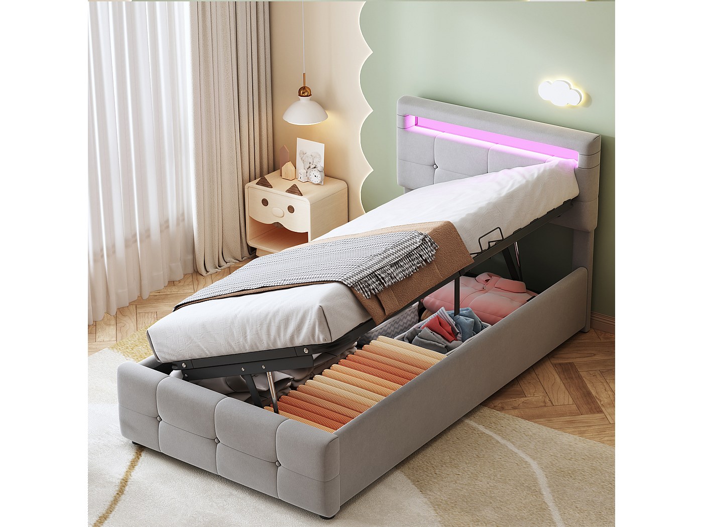 Letto imbottito 140 x 200 cm, letto funzionale con rete a doghe e spazio contenitivo, con